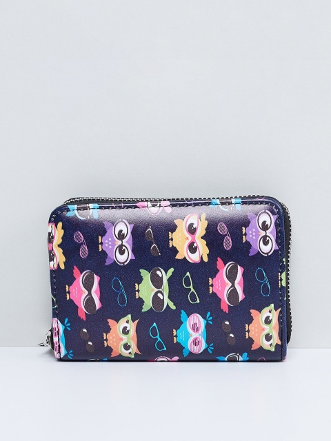 max Women Navy Blue Printed Zip Around Wallet