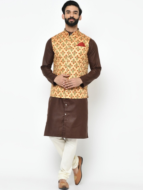 KISAH Men Brown & Cream-Coloured Solid Kurta with Pyjamas