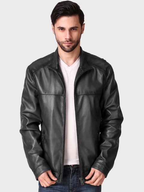 

echt Men Blue Solid Leather Jacket