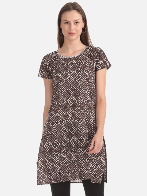Karigari Women Brown & Off-White Printed Straight Kurta