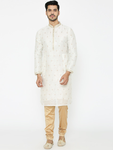 

Manyavar Men Cream-Coloured & Gold-Toned Woven Design Kurta with Churidar