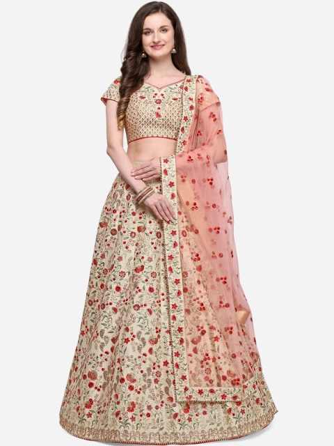 

NAKKASHI Beige & Peach-Coloured Embroidered Unstitched Lehenga & Blouse with Dupatta