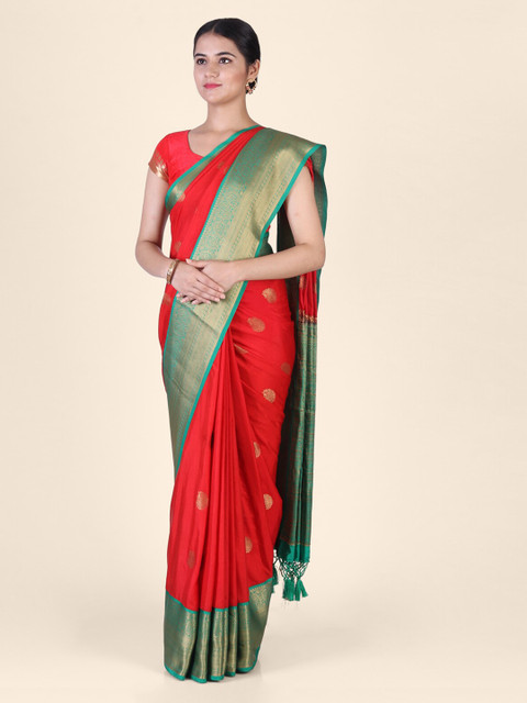 

Hastakala Red & Green Pure Crepe Woven Design Handloom Saree