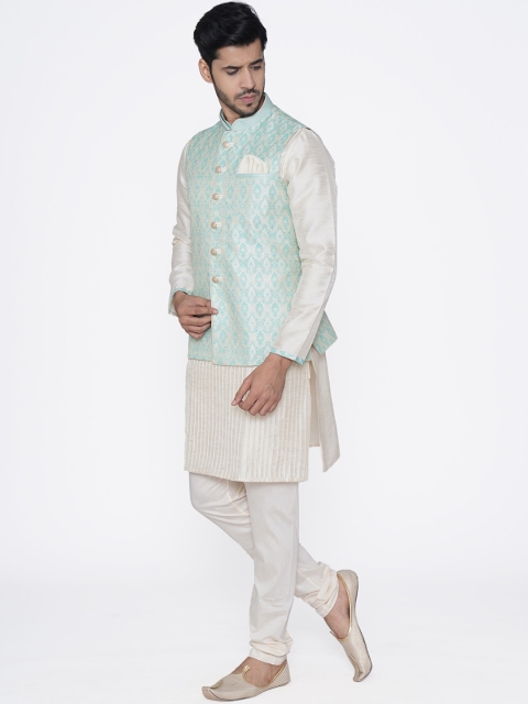 

Manyavar Men White & Green Striped Kurta with Churidar & Nehru Jacket