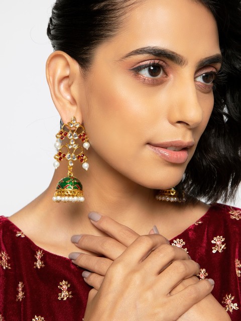 

INDYA Green & Gold-Toned Classic Jhumkas