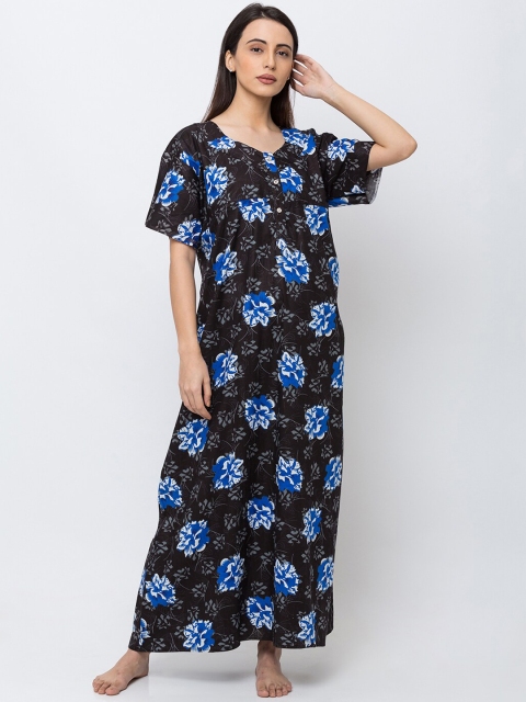 

MomToBe Black & Blue Floral Printed Maternity Nightdress