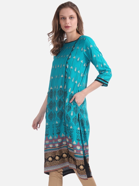 

Karigari Women Blue & Off-White Printed A-Line Kurta