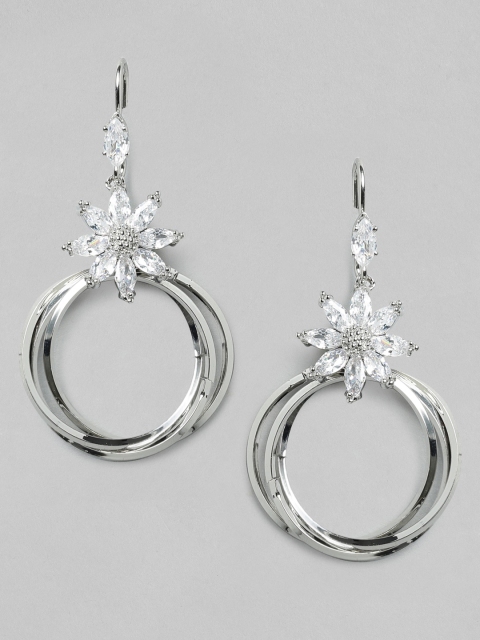 

Rubans Silver-Plated & White Floral Zircon Drop Earrings