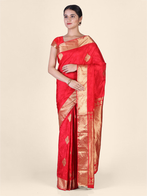 

Hastakala Red & Gold-Toned Pure Silk Woven Design Kanjeevaram Saree
