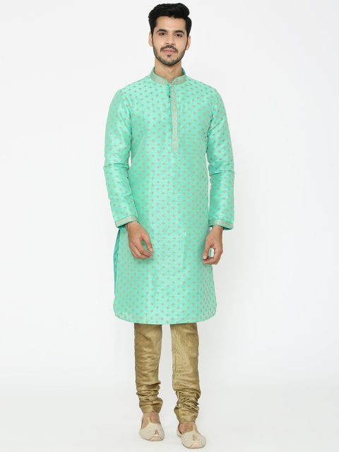 

Manyavar Men Green & Gold-Toned Woven Design Kurta with Churidar