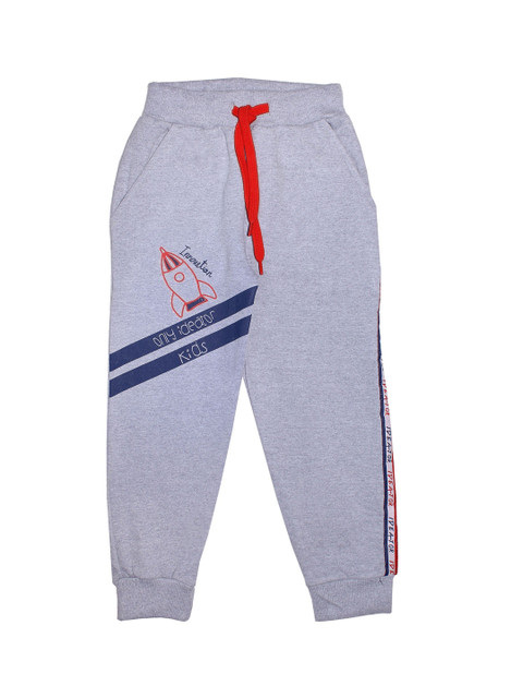 

KiddoPanti Boys Grey-Melange & Blue Solid Innovation Rocket Print Straight-Fit Joggers