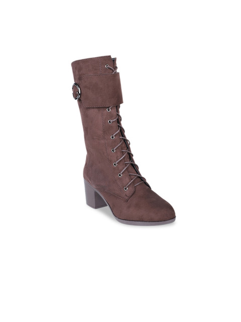 

SHUZ TOUCH Women Brown Solid Suede Heeled Boots