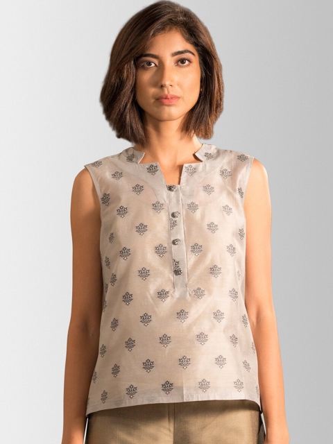 

FableStreet Grey Printed Mandarin Collar Pure Cotton Jaquard Top