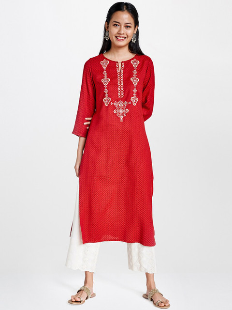 

Global Desi Women Red Yoke Design Straight Kurta