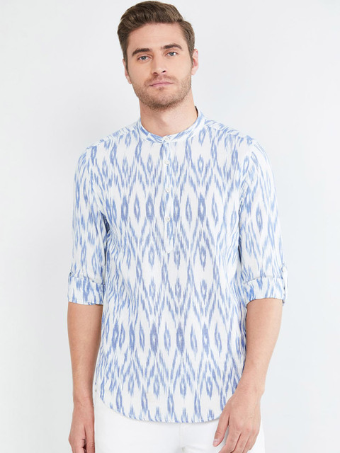 

max Men White & Blue Woven Design Straight Kurta