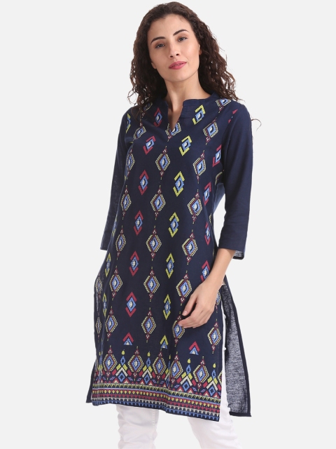 

Karigari Women Navy Blue Printed Straight Kurta