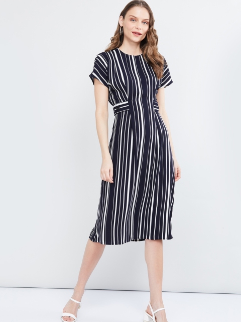 

max Women Navy Blue Striped A-Line Dress