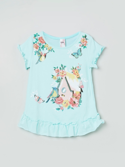

max Girls Turquoise Blue Printed A-Line Pure Cotton Top