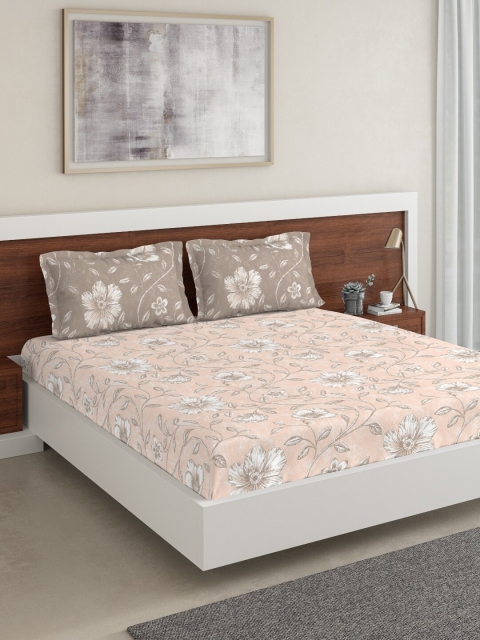 

DDecor Peach-Coloured Floral 144 TC Cotton 1 King Bedsheet with 2 Pillow Covers