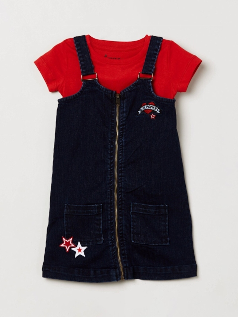 

max Girls Navy Blue & Red Applique Dungarees With Solid T-Shirt