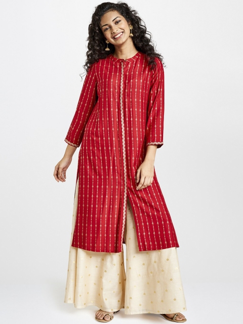 

Global Desi Women Red Striped Straight Kurta