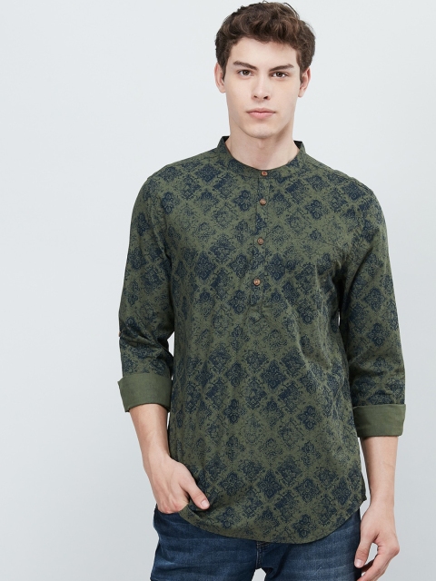 

max Men Olive Green & Navy Blue Printed Straight Kurta