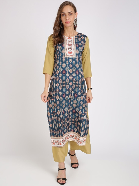 

Florence Women Teal Green & Beige Printed Straight Kurta