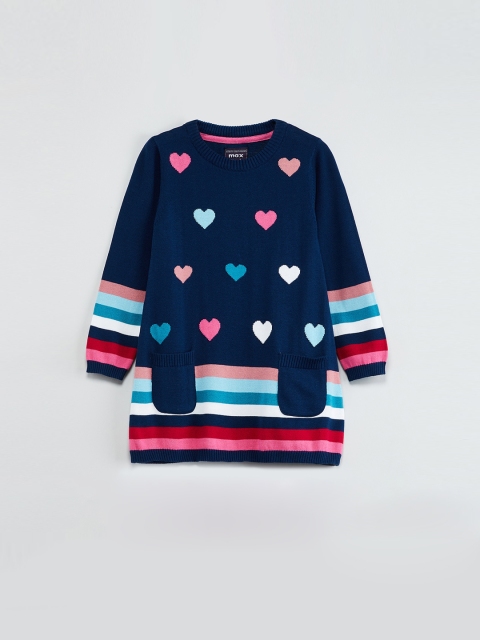

max Girls Navy Blue Striped Heart Print Sweater Dress