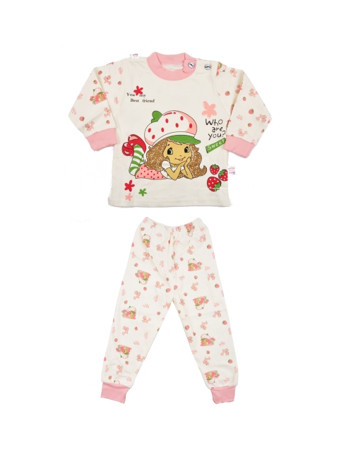 

Yellow Bee Girls White & Pink Printed Night suit