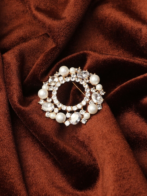 

Adwitiya Collection Gold-Toned Stone and Pearl Round-Shaped Brooch