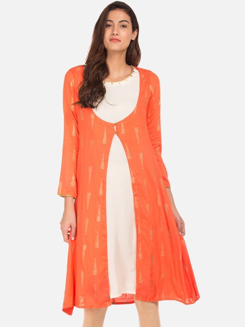 

Karigari Women Orange & Off-White Foil Printed Layered A-Line Kurta