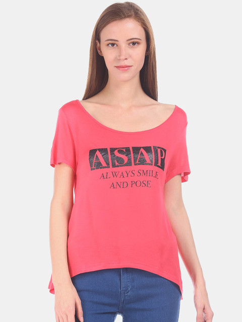 

Sugr Women Pink Printed Round Neck T-shirt