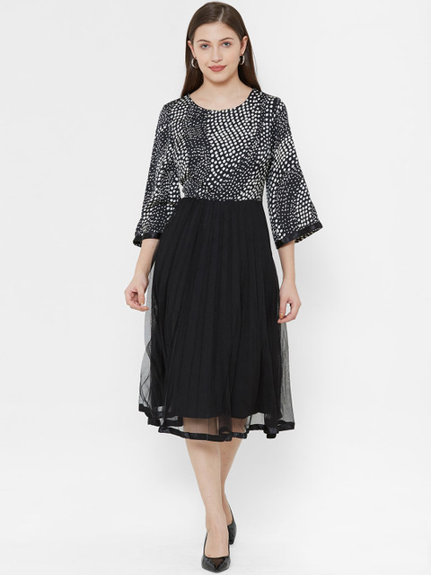

bebe Women Black & White Polka Dot Print Mesh Insert Fit and Flare Dress