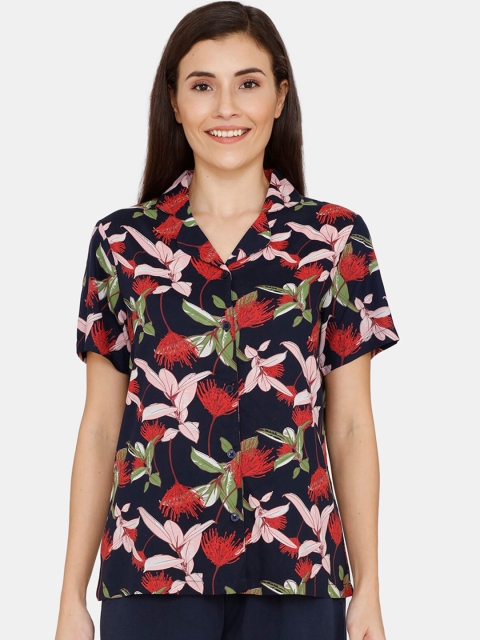 Zivame Women Navy Blue & Pink Floral Print Night Suit