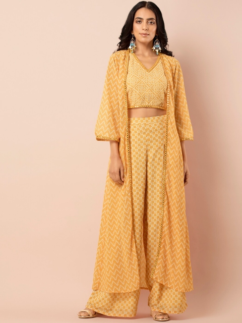 

INDYA Women Yellow & White Printed Open Front Shrug