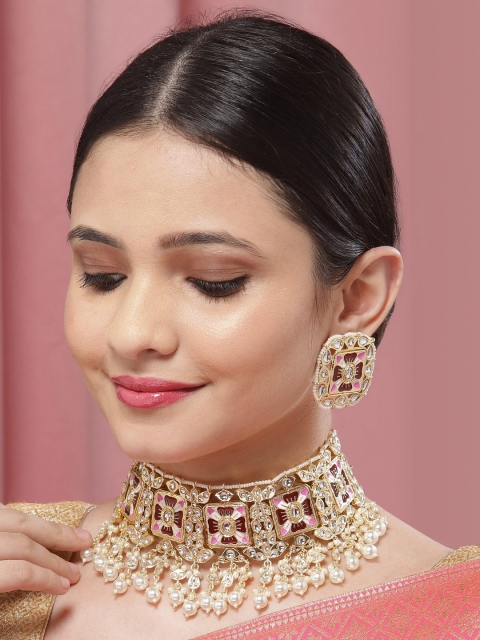 

Melani Borsa Gold-Plated & Maroon Kundan Studded Handcrafted Choker Jewellery Set