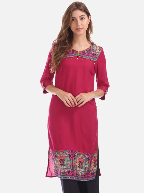 

Karigari Women Pink & Blue Printed A-Line Kurta
