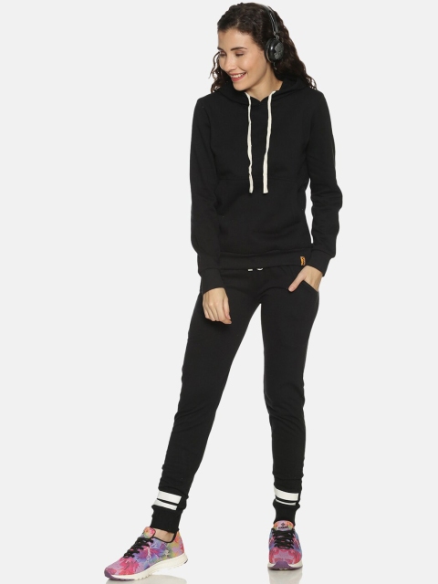 

Campus Sutra Women Black Solid Hooded Tracksuit