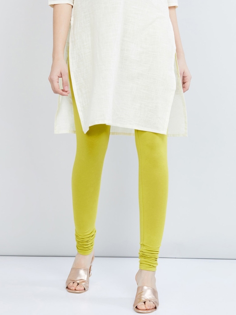 max Women Lime Green Solid Churidhar Length Leggings