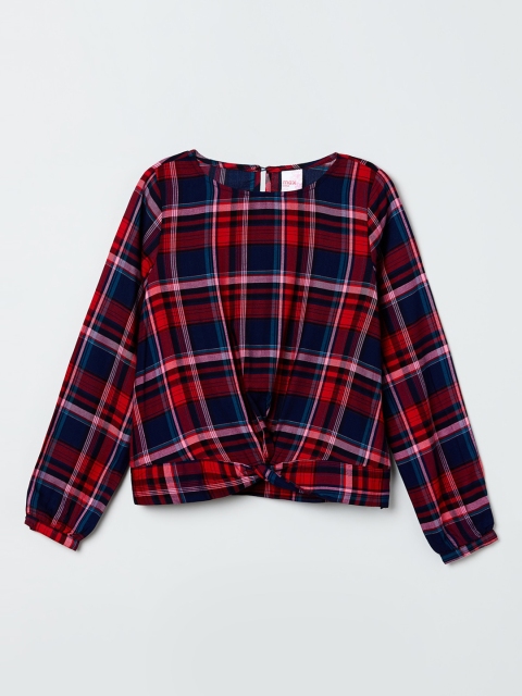 

max Girls Red & Navy Blue Checked Blouson Top
