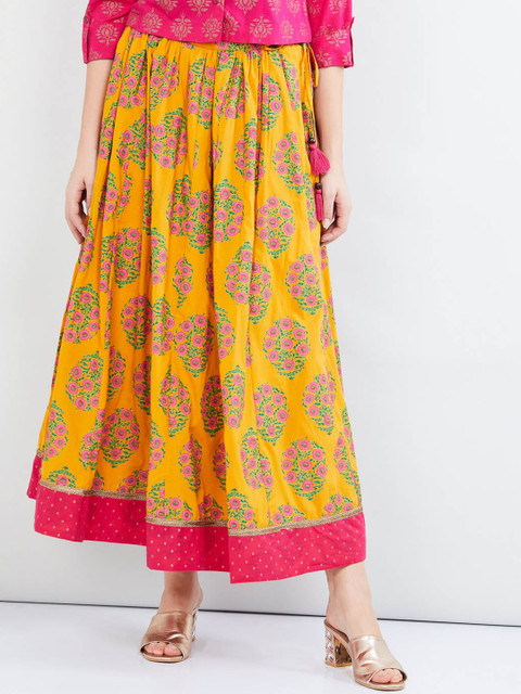 

max Women Mustard Yellow & Pink Floral Printed Midi Skirt