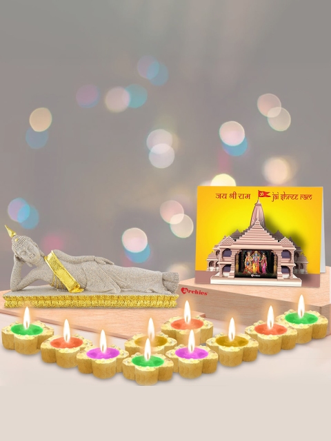 

Archies Multicoloured Budha Showpiece & 10 Candles & Ram Mandir Card Diwali Gift Set, Multi