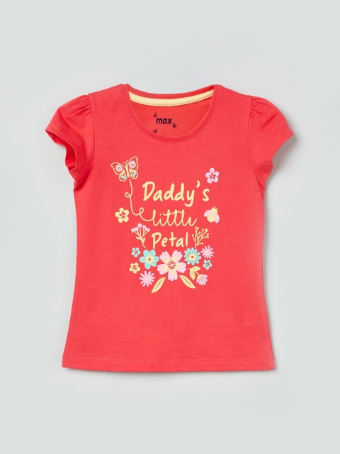 max Girls Coral Red Printed Pure Cotton Top