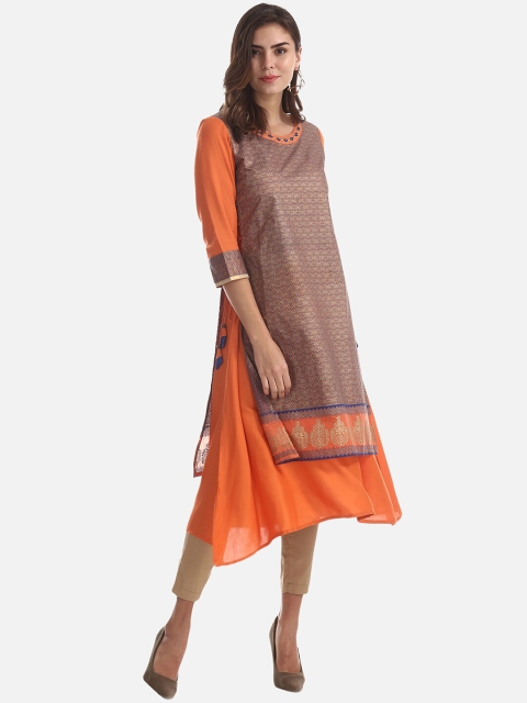 

Karigari Women Navy Blue & Orange Woven Design A-Line Kurta