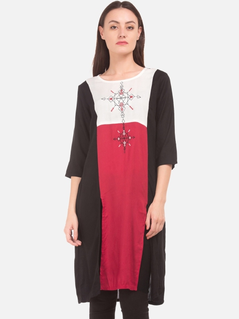 

Karigari Women Black & Pink Colourblocked Straight Kurta
