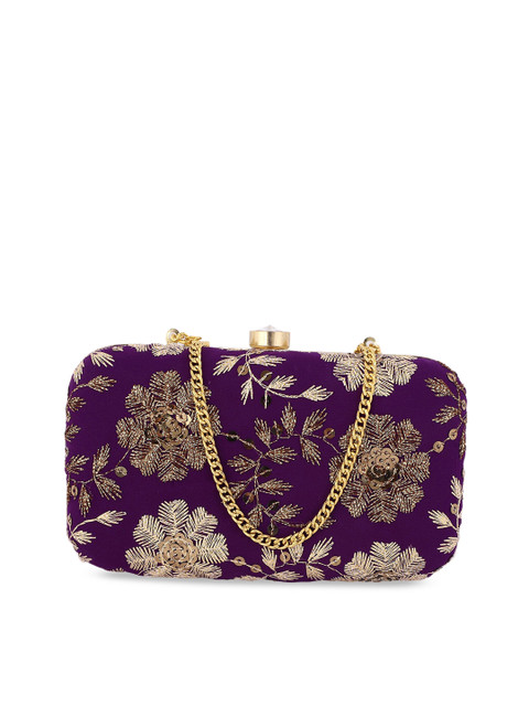 

REZZY Purple & Gold-Toned Embroidered Embroidered Clutch