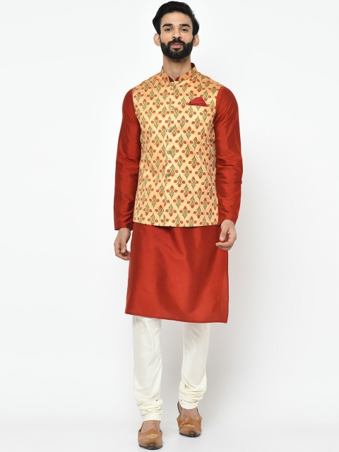 

KISAH Men Red & Off-White Solid Kurta with Churidar & Nehru Jacket