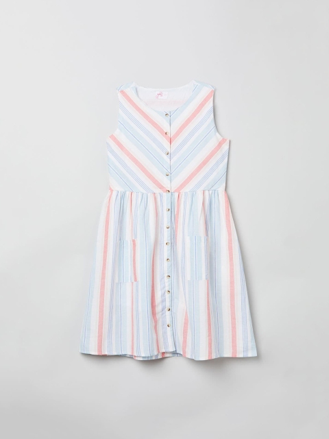 

max Girls White & Peach Striped Fit and Flare Dress