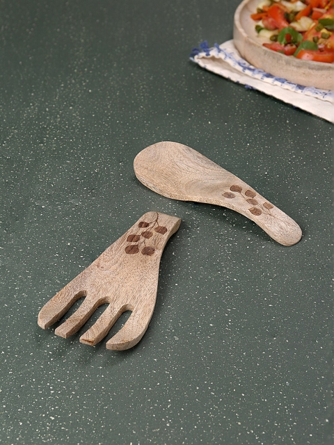 

ellementry Brown Set of 2 Printed Teak Wood Salad Spoons