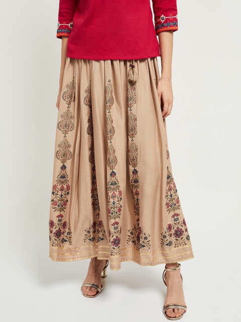 

MAX Floral Print Flared Maxi Skirt, Beige